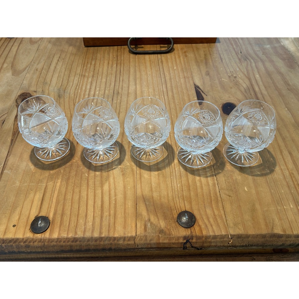 Vintage Cut Crystal Brandy Snifters Set of 5 Starburst Diamond Pattern Clear - Picture 3 of 5